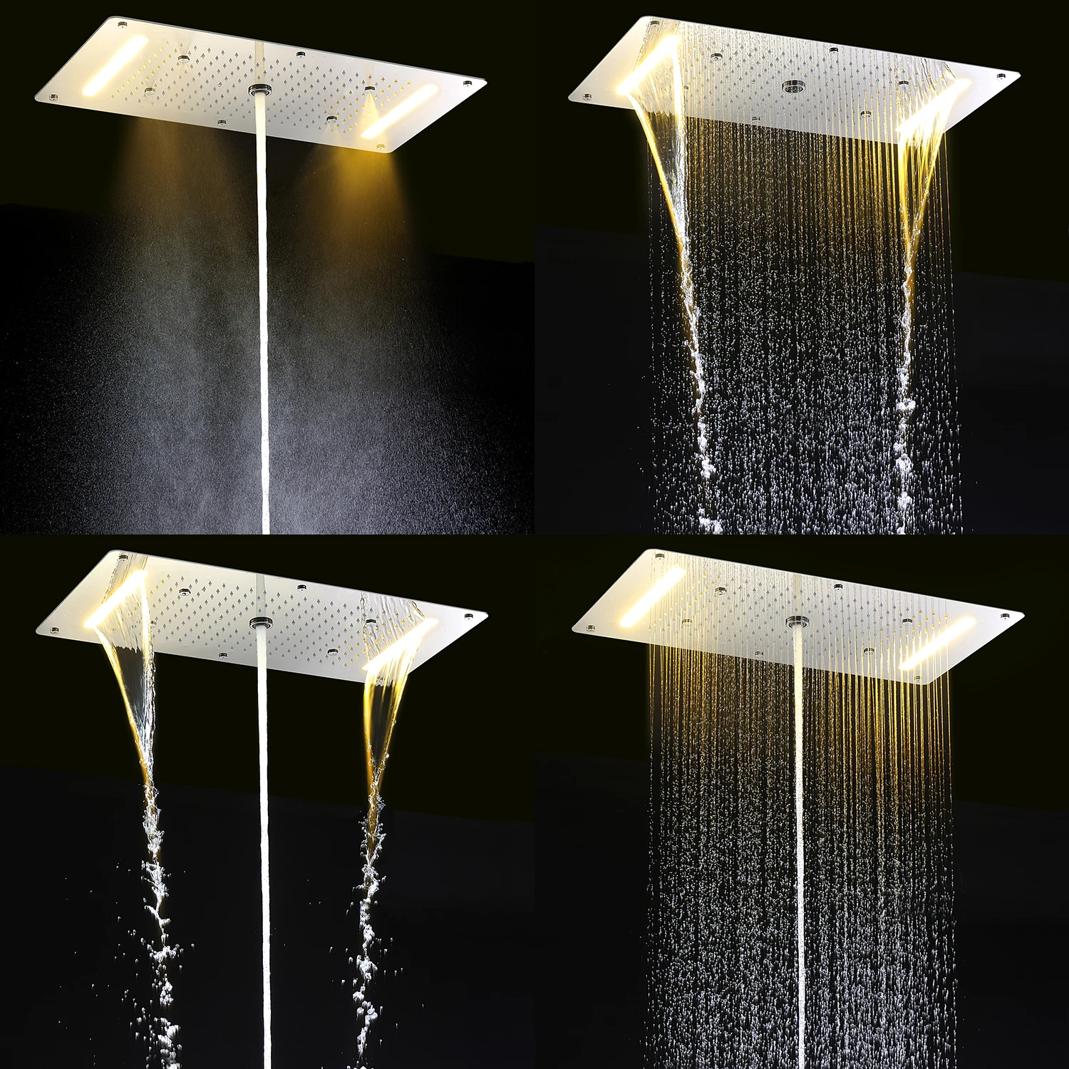 Matt Black Shower Faucet Panel 28x15 Inch RGB LED Shower Head Set Thermostatic Mixer Valve Kit 6 Pcs 2 Inch Side Jets