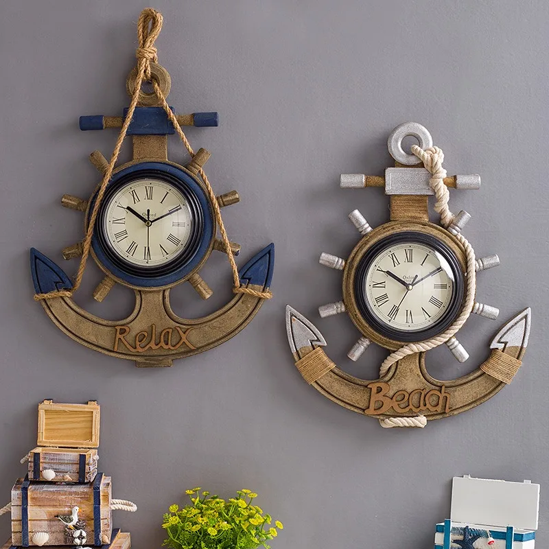 

Wall Clock Mediterranean Boat Anchor Creative Modeling Retro Style Wall Living Room Wooden Rudder Clock Bar Do Old Decorations