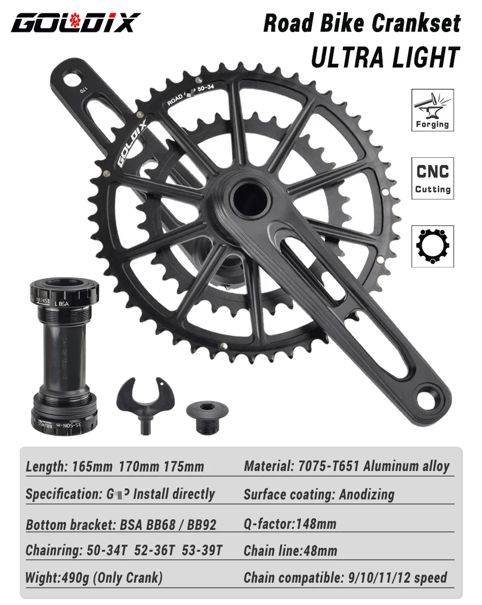 GOLDIX Ultralight Road Bike Crankset 50-34T/52-36T/53-39T