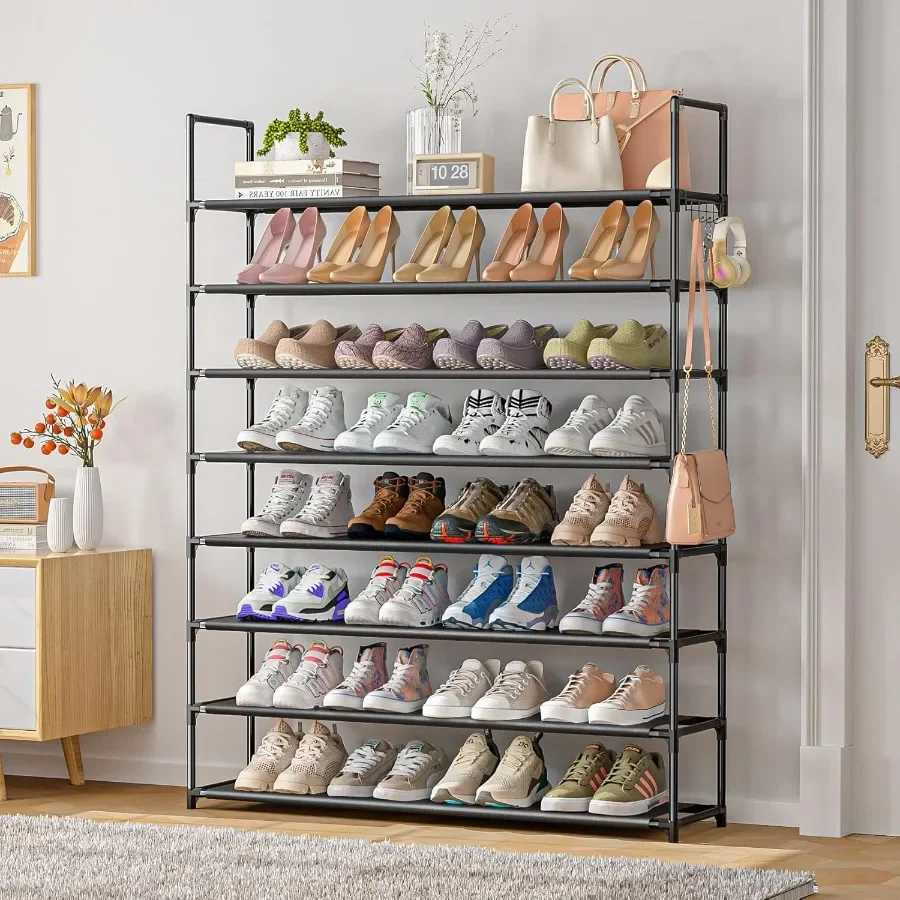 8 Tier Shoe Organizer 33.3in Wide x 11.2in Deep x 55.7in Tall Black Metal and Plastic Shoe Rack Holds up to 3240 Pairs of Shoes