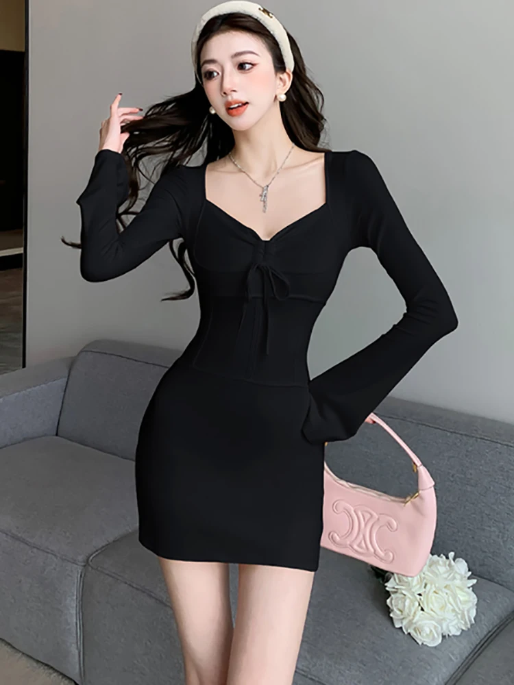 

Spring Autumn Black Knitted Chic Bow Square Collar Mini Dress 2024 Korean Long Sleeve Bodycon Dress Women Elegant Casual Dresses