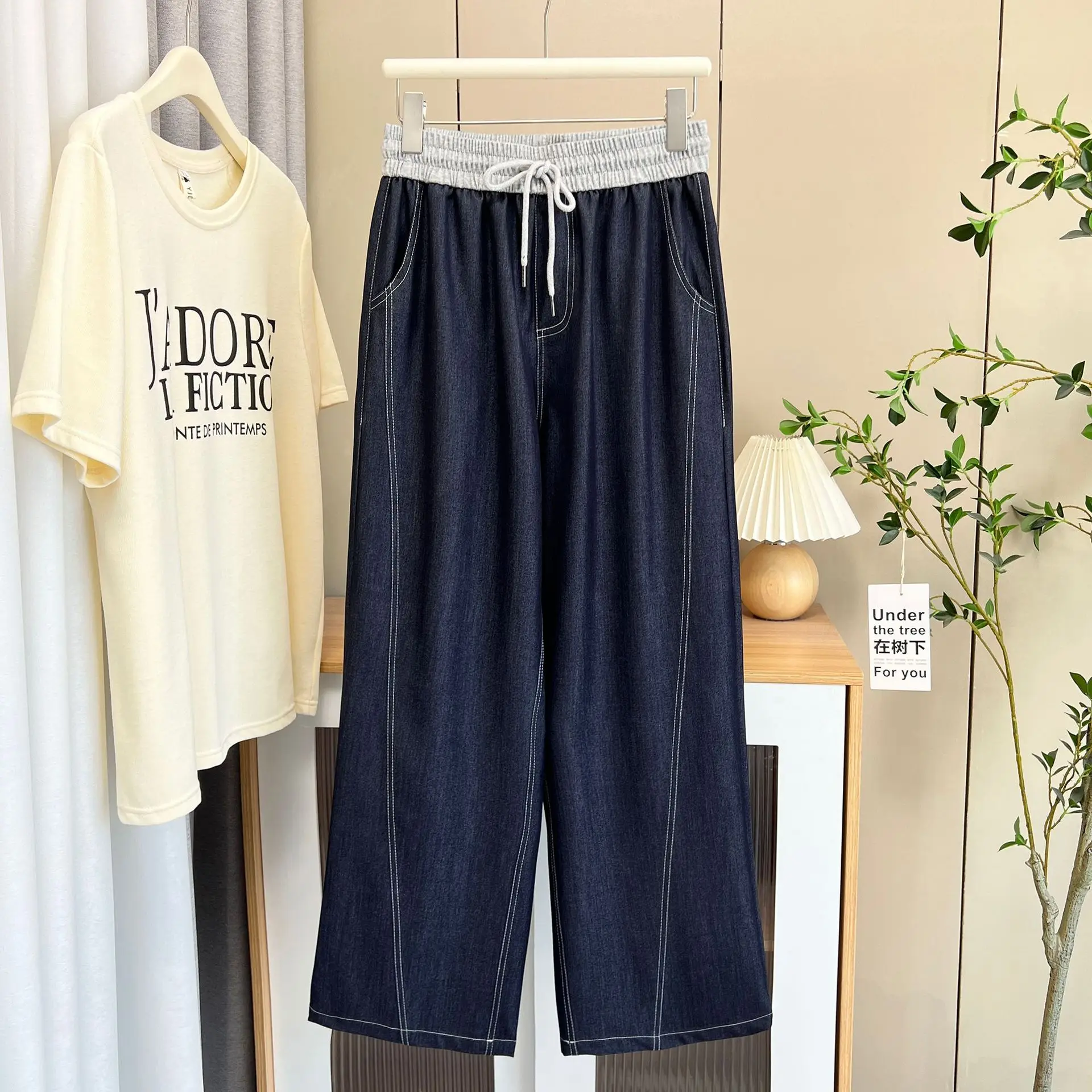 Spring Summer Wide Leg Jeans New 100kg  Temperament Color Waist Thin Lyocell Plus Size Women Bright Line Straight Trousers 2517