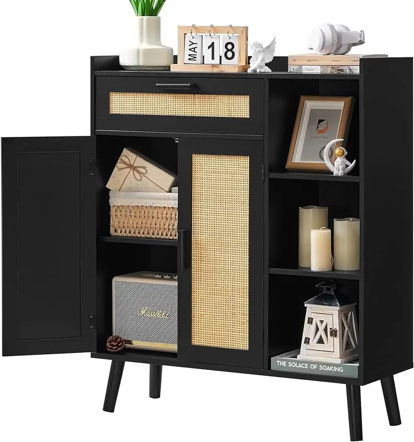 

usikey Storage Cabinet with Rattan Doors Rattan Sideboard Cabinet with 1 Large Drawer 2 Doors & 3 Shelves Freestanding Storage