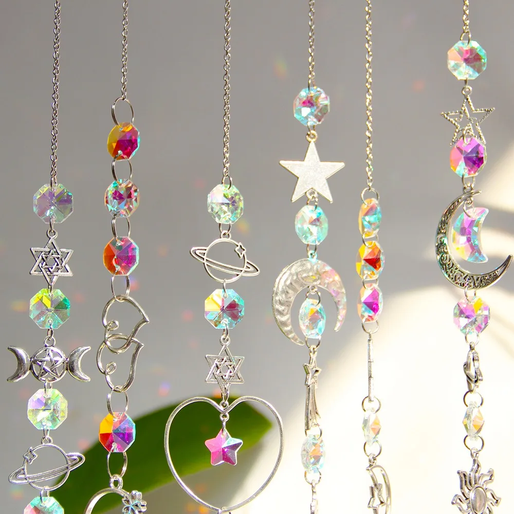 Silver Planet Theme Suncatcher Sun Moon Star Crystal Pendant Sun Catcher Home Outdoor Garden Decoration Wedding Party Decor Gift