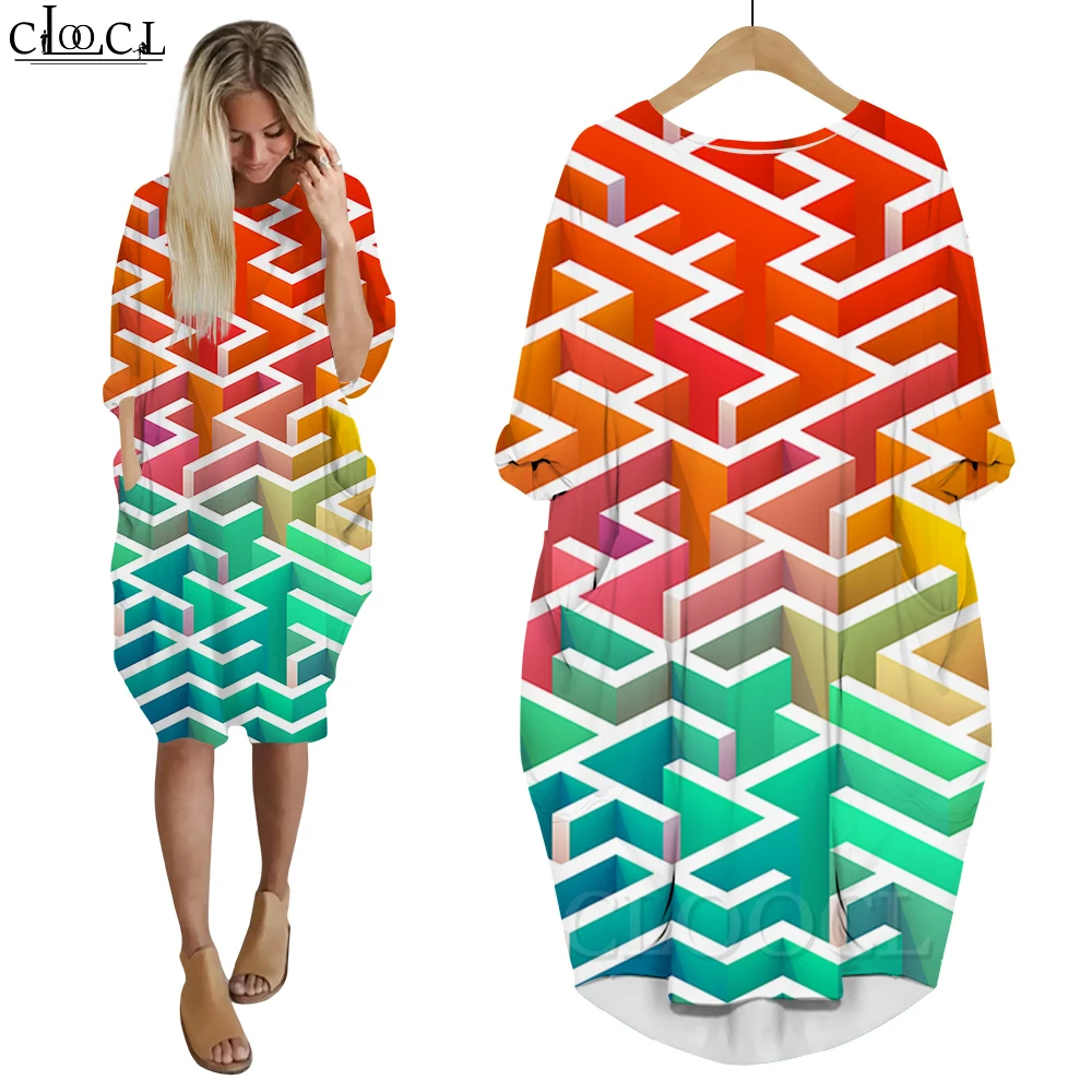 

CLOOCL Harajuku Long Sleeve Dresses Color Maze Printed Summer Shirt Dresses Crew Neck Loose Casual Street Wear Women Clothing