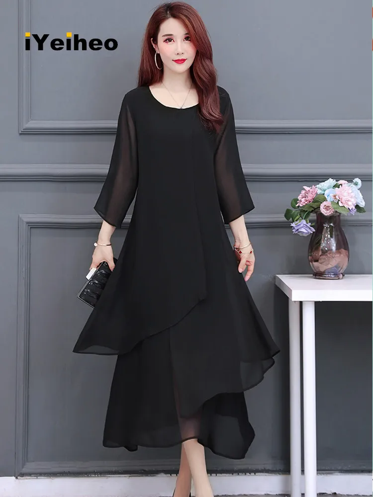Dress For Ladies Chiffon Long 2026.L-5XL-Women-Chiffon-Long-Dress-Summer-2024-New-Fashion-Elegant-Black ...