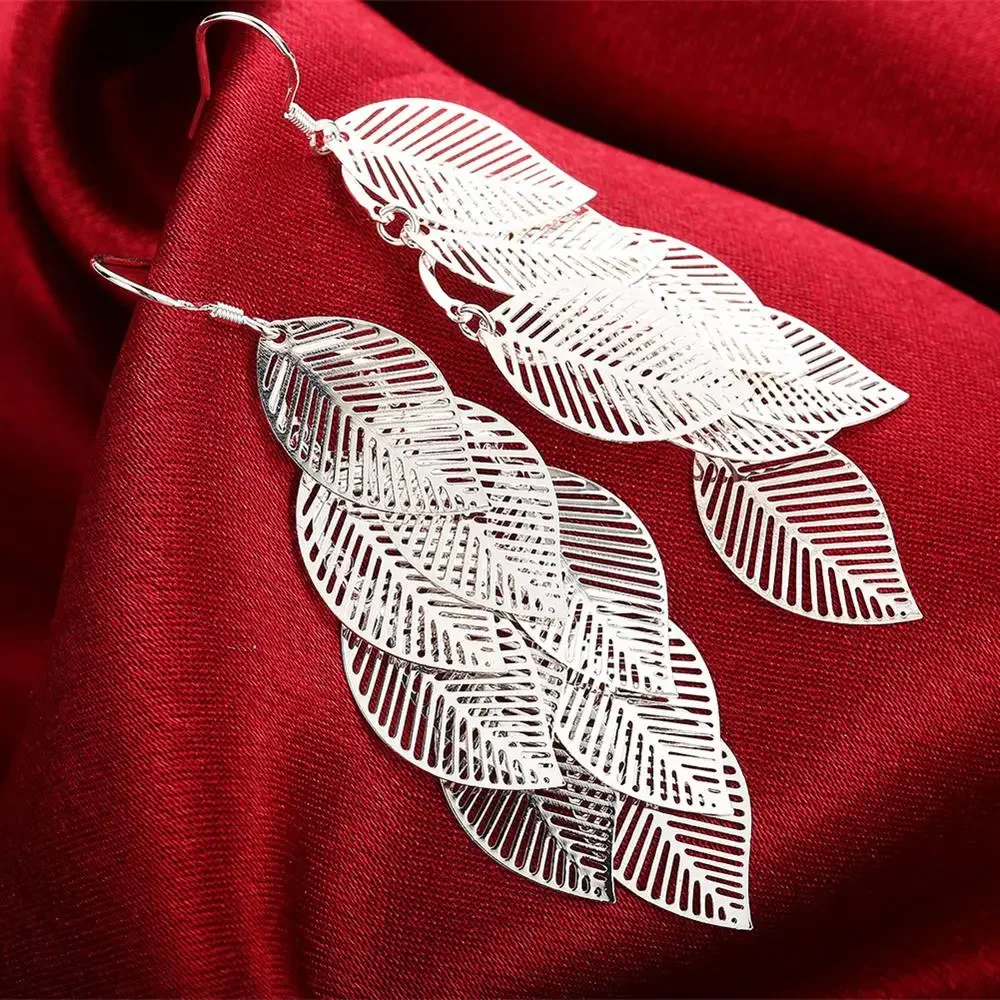 

925 Sterling Silver Earrings fashion Jewelry Woman Layered Hollow Leaves Tassel Long Drop earrings Trendsetter Christmas Gifts