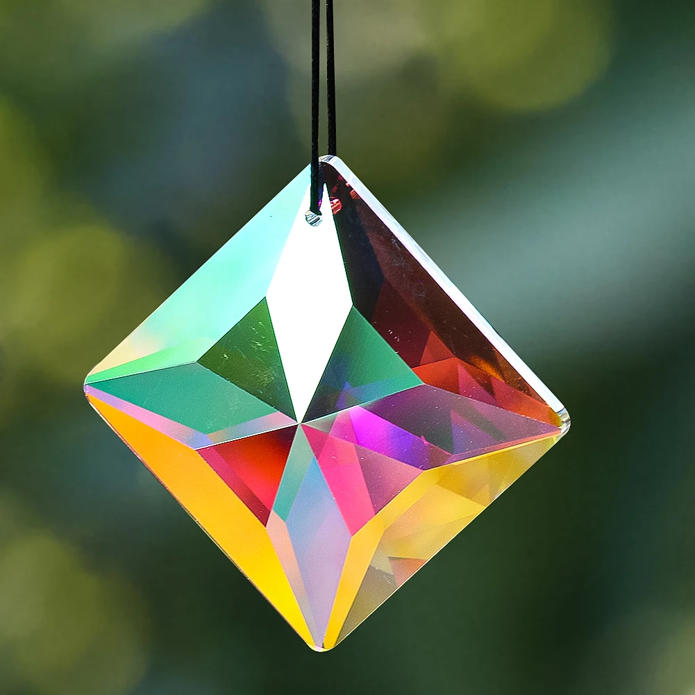 50mm Streamer AB Color Prism Glass Laser Faceted Geometry Square Crystal Chandelier Lighting Parts Rainbow Sun Catcher Dangle