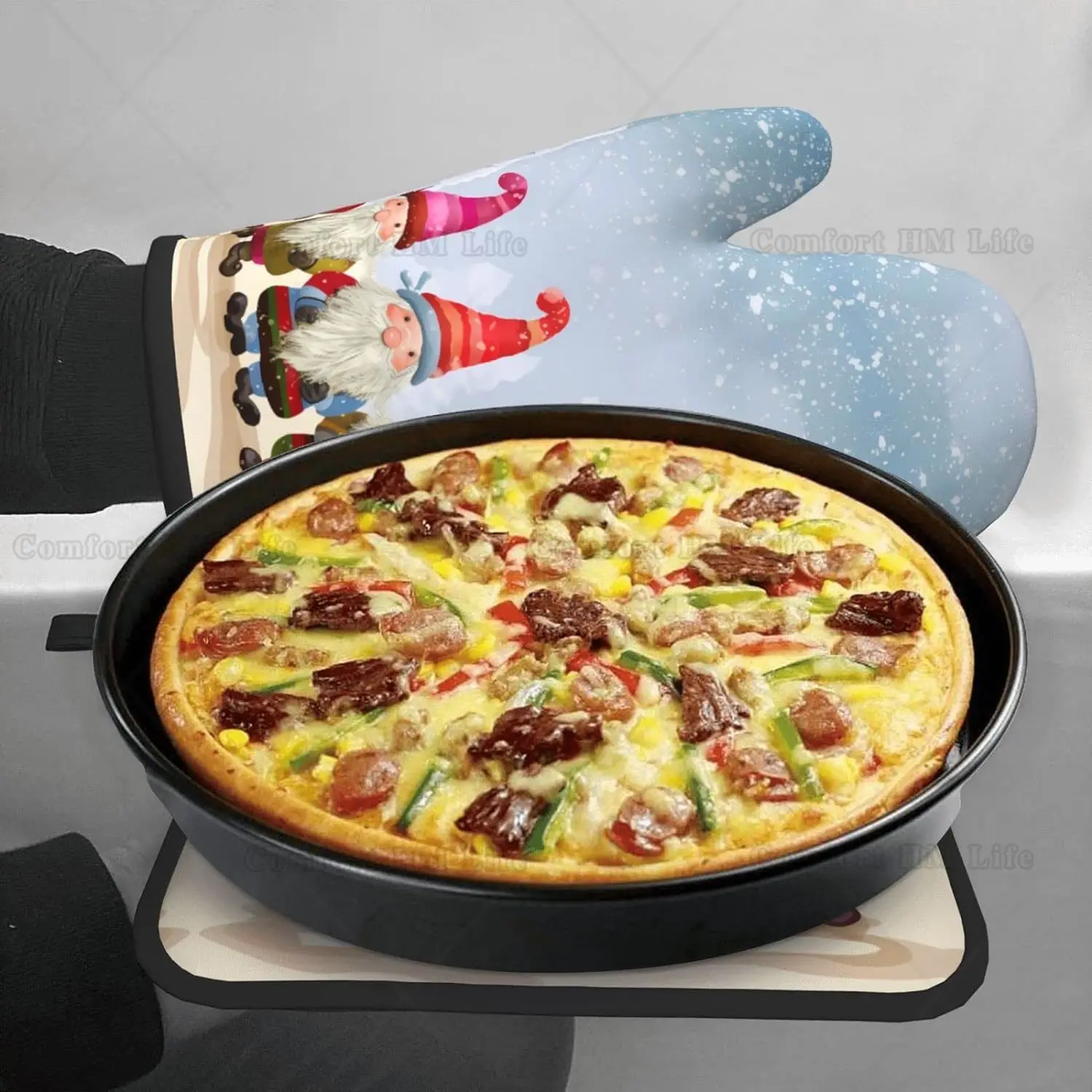 Heat Resistant Oven Mitt and Pot Holders 2 Piece Set Christmas Winter Gnomes Cotton Lining Non-Slip Kitchen BBQ Oven Gloves