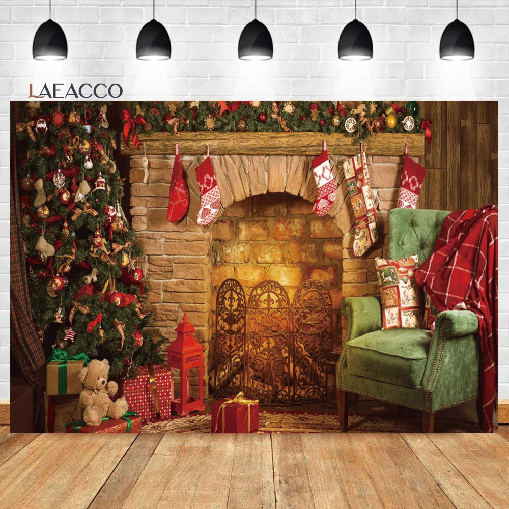 

Laeacco Christmas Photography Backdrop Vintage Brick Wall Fireplace Bear Xmas Trees Kids Child Newborn Portrait Photo Background