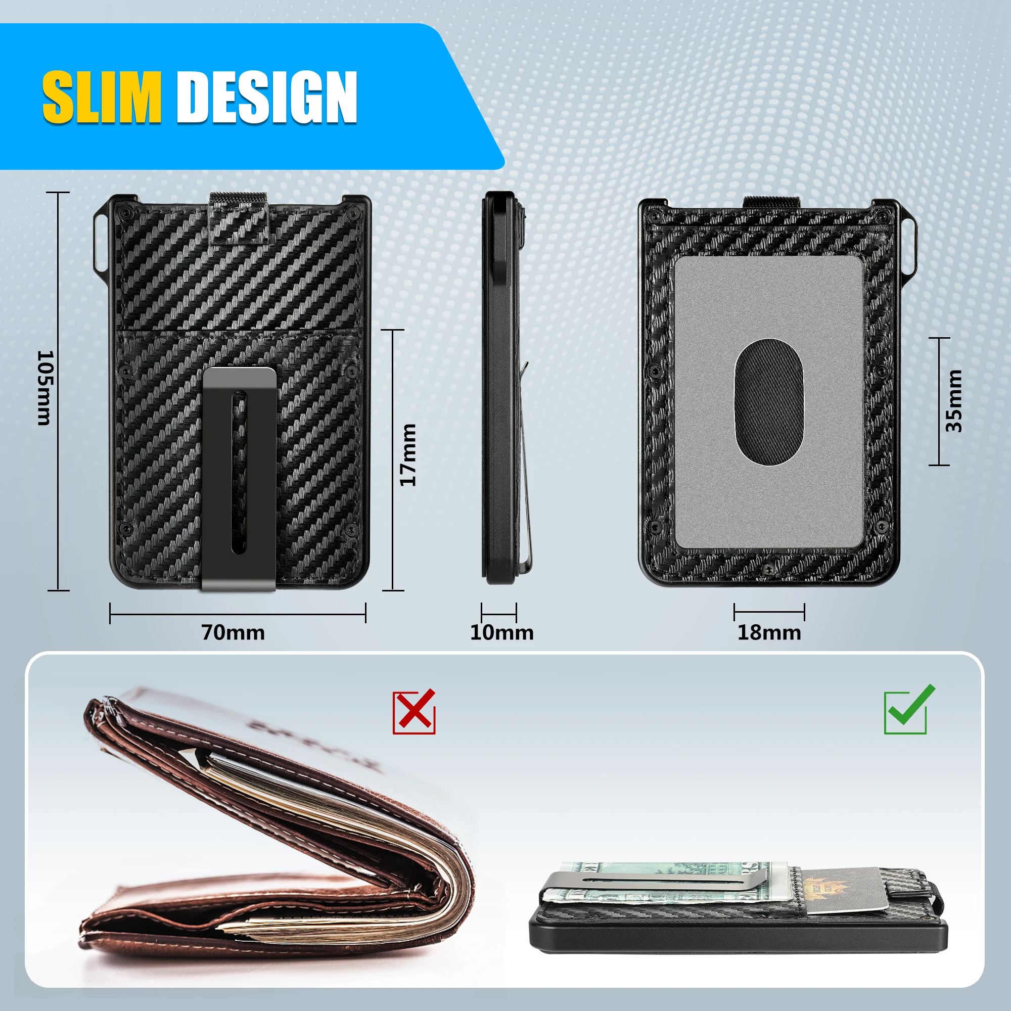 Wallet For Men Aluminum Slim Carbon Fiber Leather Holds 10 Cards Card Holder Clear ID Card Holder Cash Clip