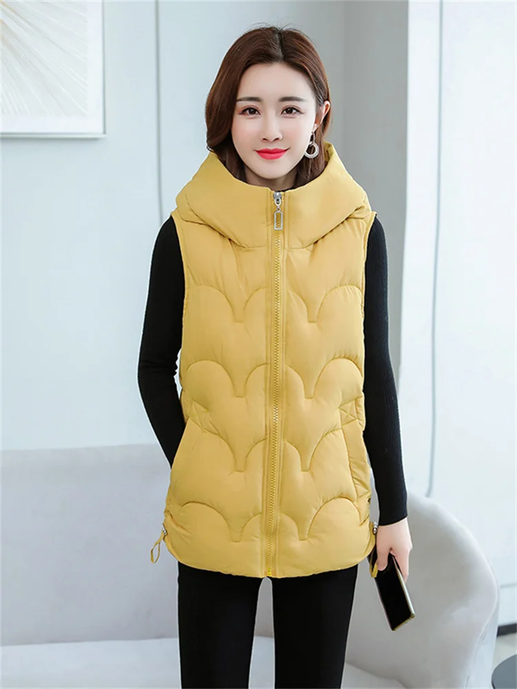 

Yellow Vest Women Sleeveless Hooded Cotton Coat 2023 Autumn Winter New Fashion Slim Warmth Waistcoat