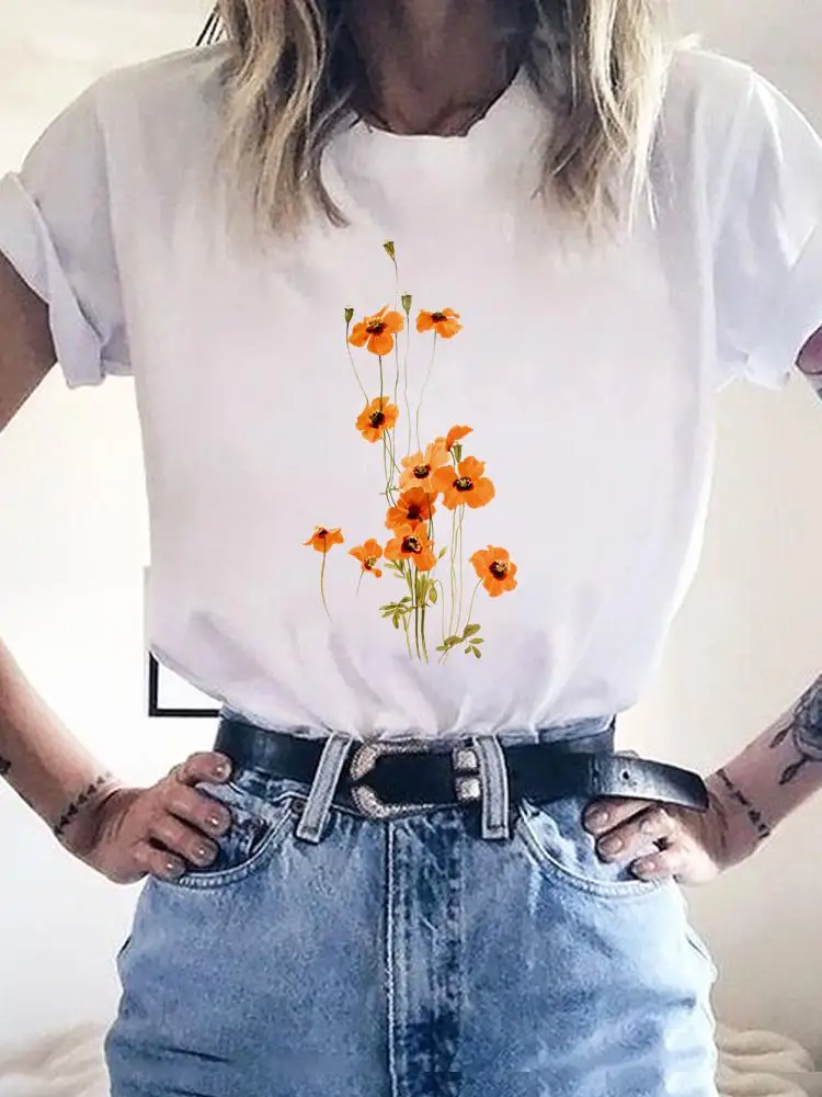 

Graphic T-shirt Print T Shirt Watercolor Floral Flower Short Sleeve Women Summer Clothes Kawaii Fashion Basic Clothing Tee Top