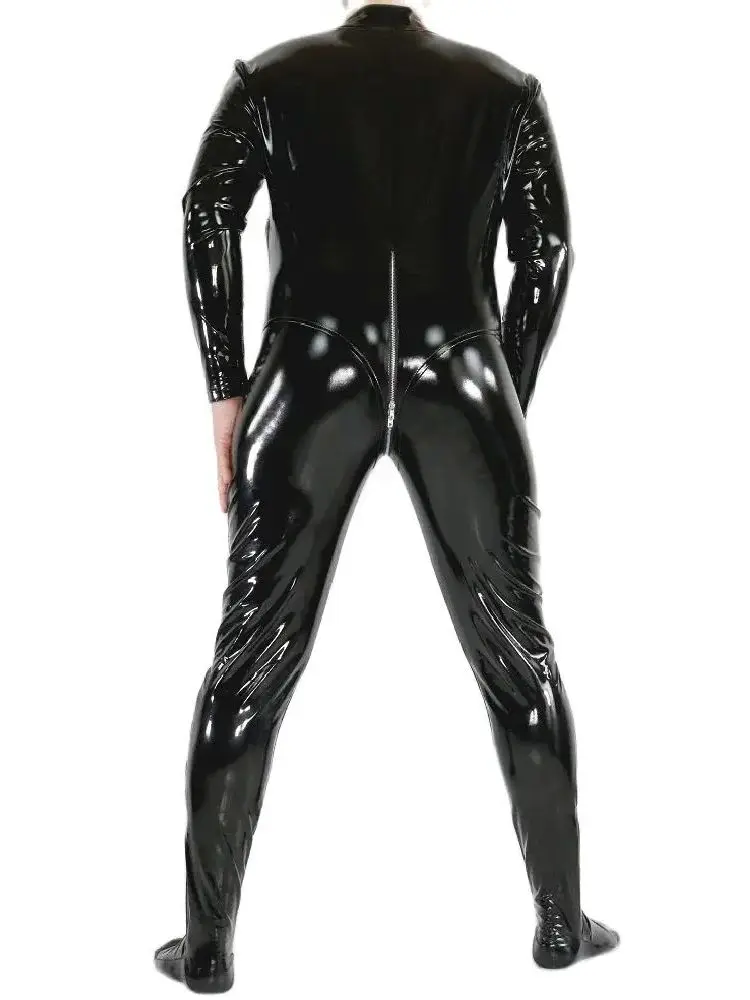 セクシーな黒のラテックスキャットスーツ男性フェチタイトなジャンプ