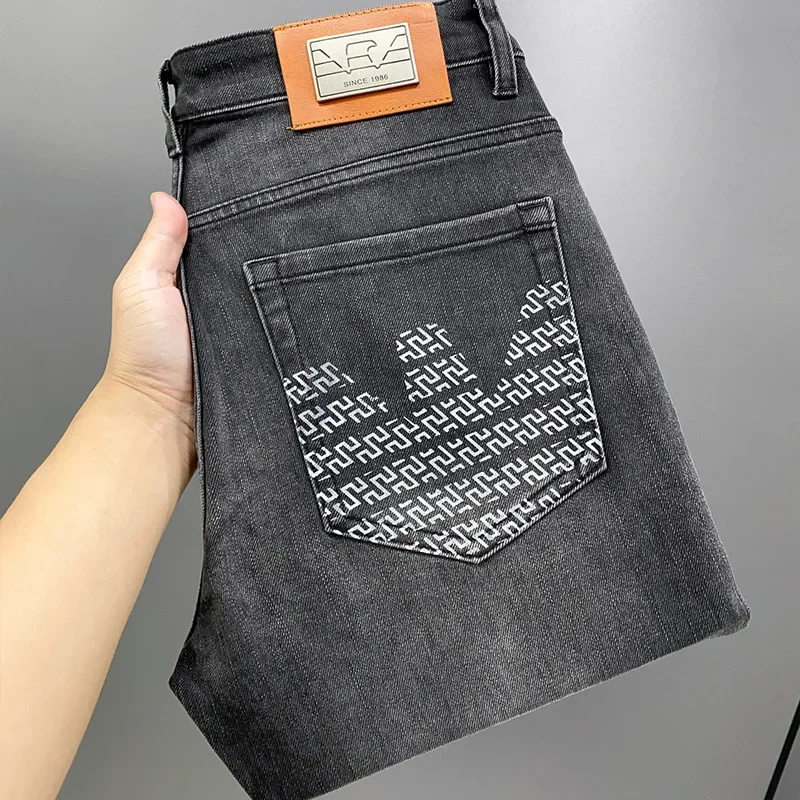 2023 Autumn/winter New High-end Jeans Men's Korean Version Slims Smooths Your Silhouette Small Straight-leg Printing Pants