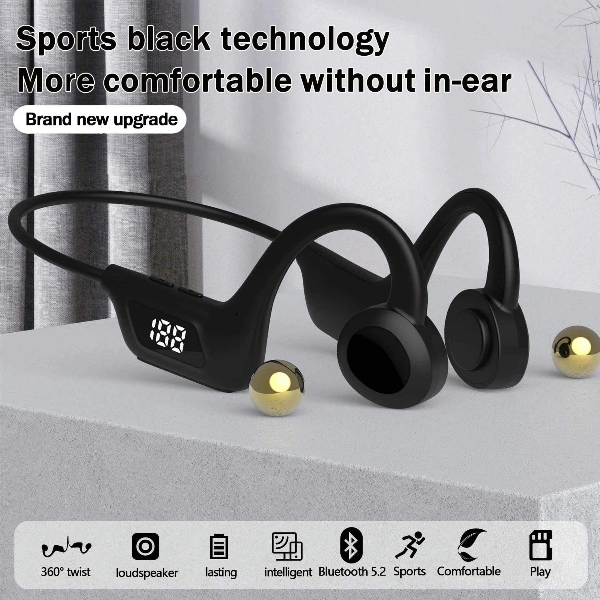 뼈 전도 이어폰 무선 블루투스 5.2 방수 스포츠 헤드폰 소음 감소 헤드셋 마이크 MP3 지원 SD 카드