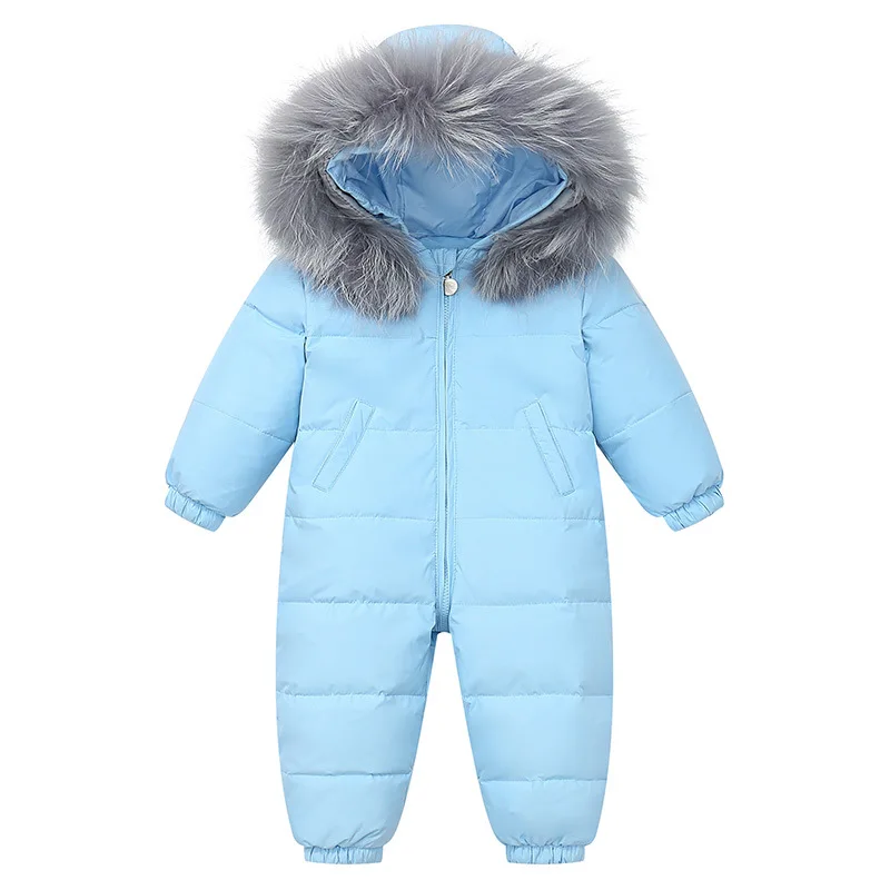 RAISE Winter Baby Boy Down Jumpsuit Real Raccoon Fur Hooded Baby Girl Snowsuit Toddler Boy Winter Romper Infant Overalls Outfits