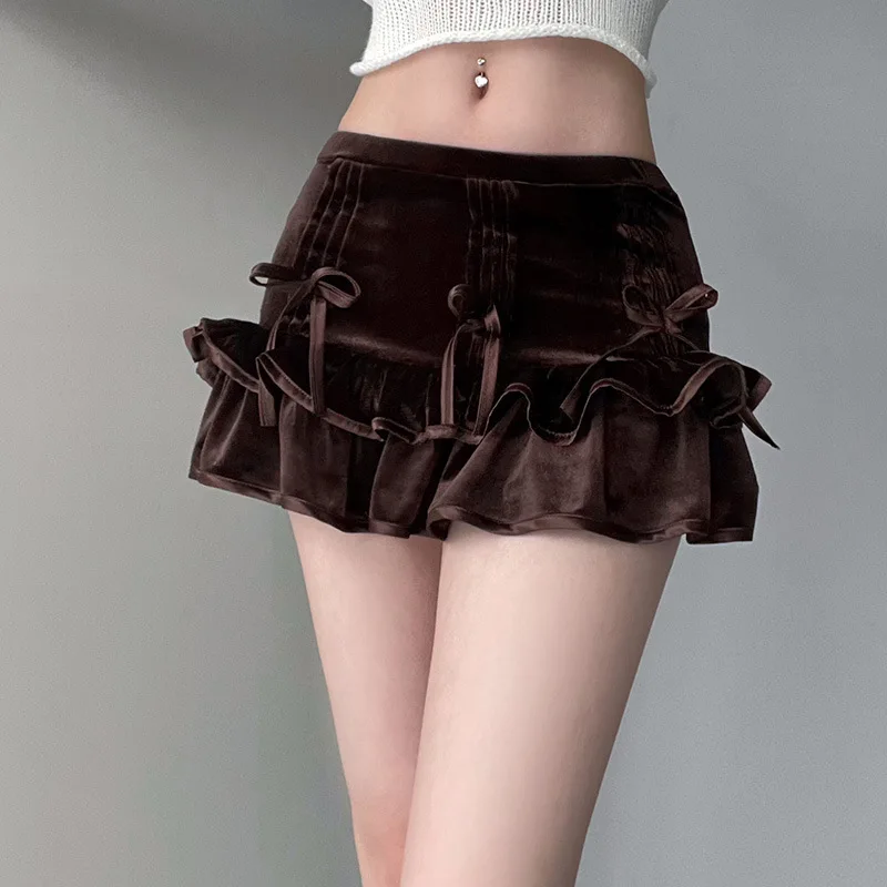 

American Retro Brown Bowknot Velvet Patchwork A-line Skirt, 2024 Spring New Style Elegant Girl Low Waist Bodycon Mini Skirts