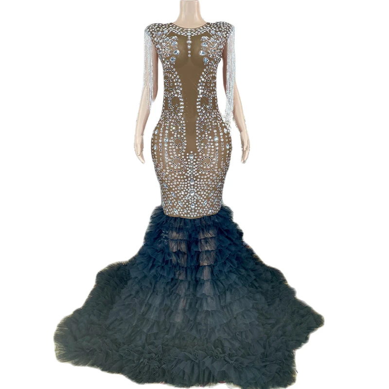 

Rhinestone Sexy Sparkly Crystals Mesh Brown Long Dress Birthday Chain Fringes Prom Singer Costume