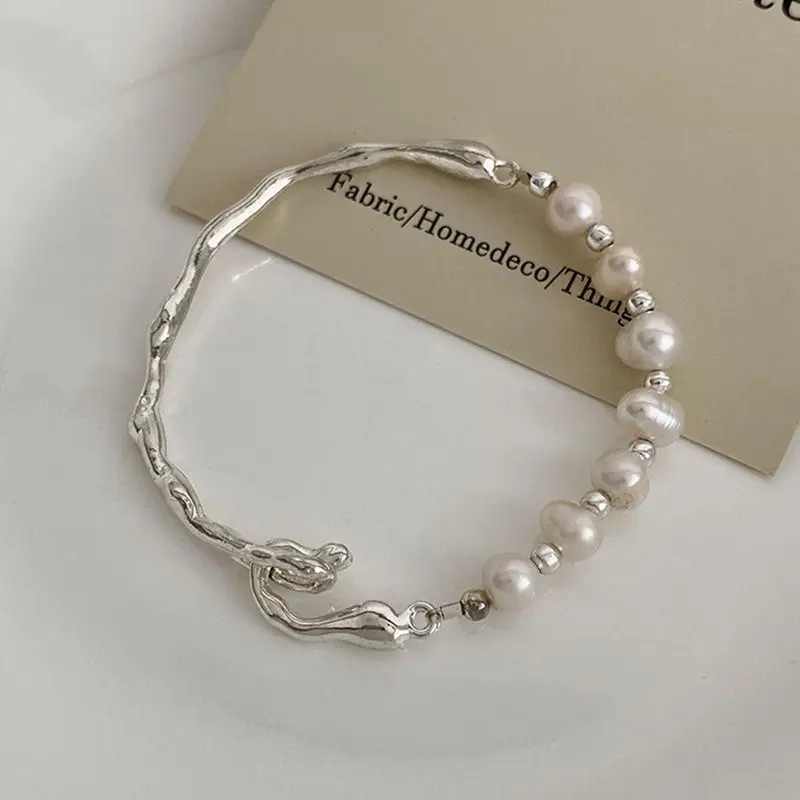 

Baroque Pearl Korean Bracelet Bangle for Women Charm Beads Chain Metal Silver Color Branch Unique Wedding Party Birthday Jewelry