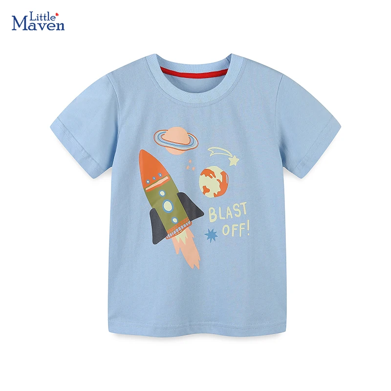 Little maven 2024 Baby Boys Clothes Summer Kids Cotton T-shirt Lovely Cartoon Space Fashion Tops for Kids 2-7year