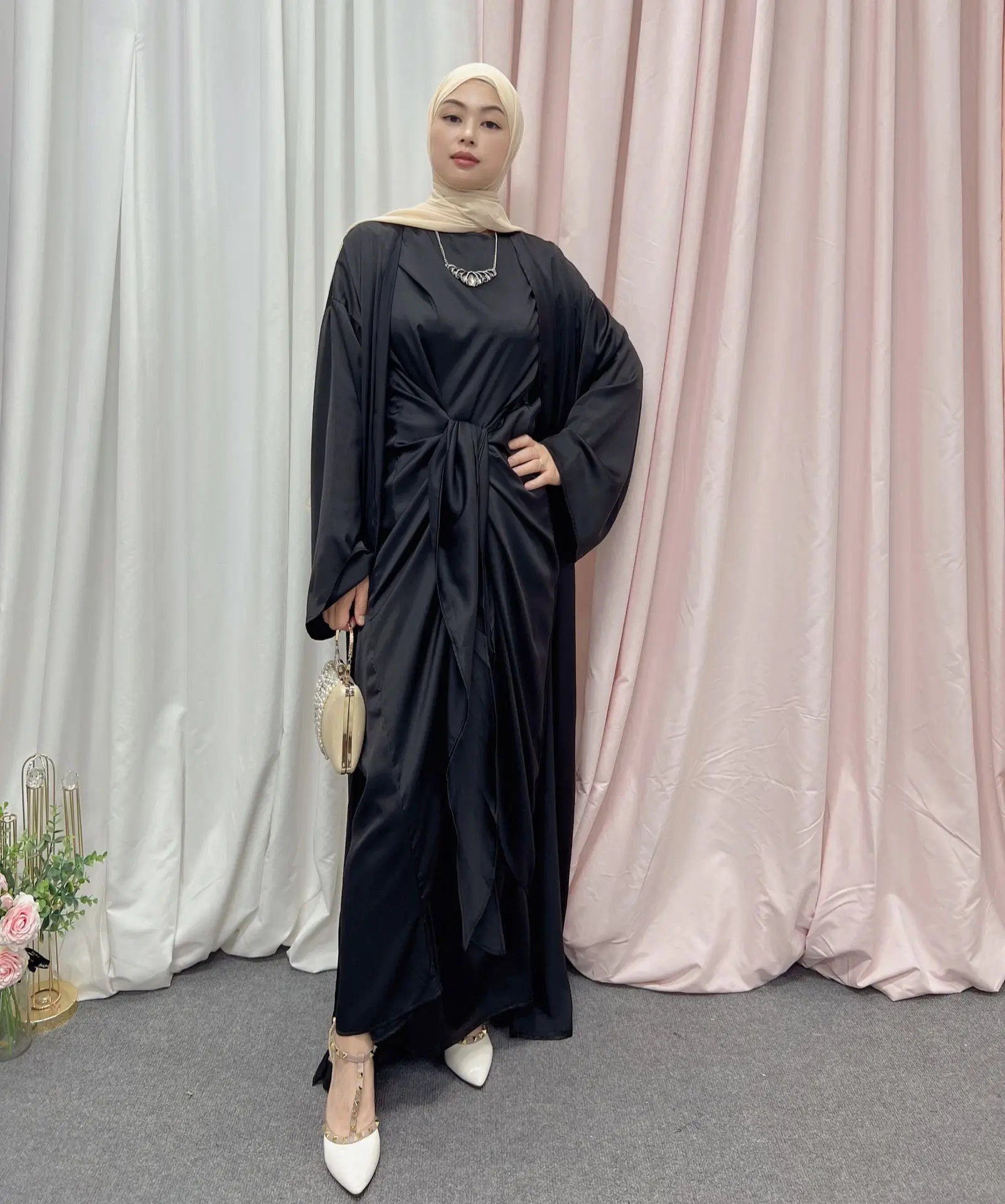 Open Abaya 2 Piece Matching Muslim Set Eid Satin Abayas for Women Dubai Turkey Hijab Wrap Dress African Islamic Clothing Kaftan