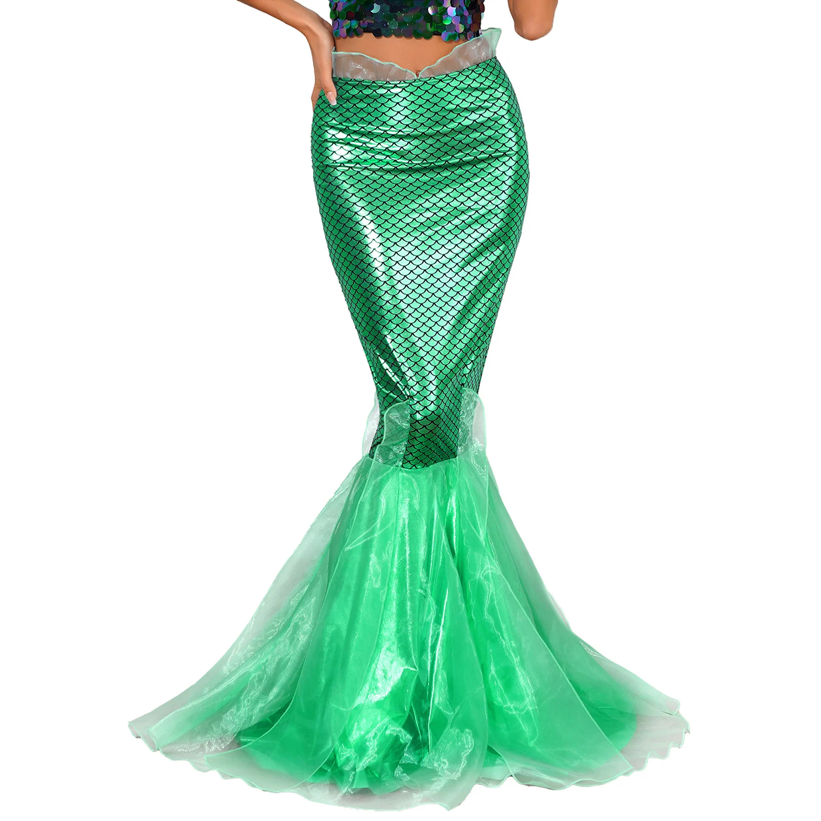 

Halloween Womens Mermaid Cosplay Maxi Skirt Cascading Tulle Fish Scale Print Metallic Shiny Fishtail Skirts for Dress-up Party