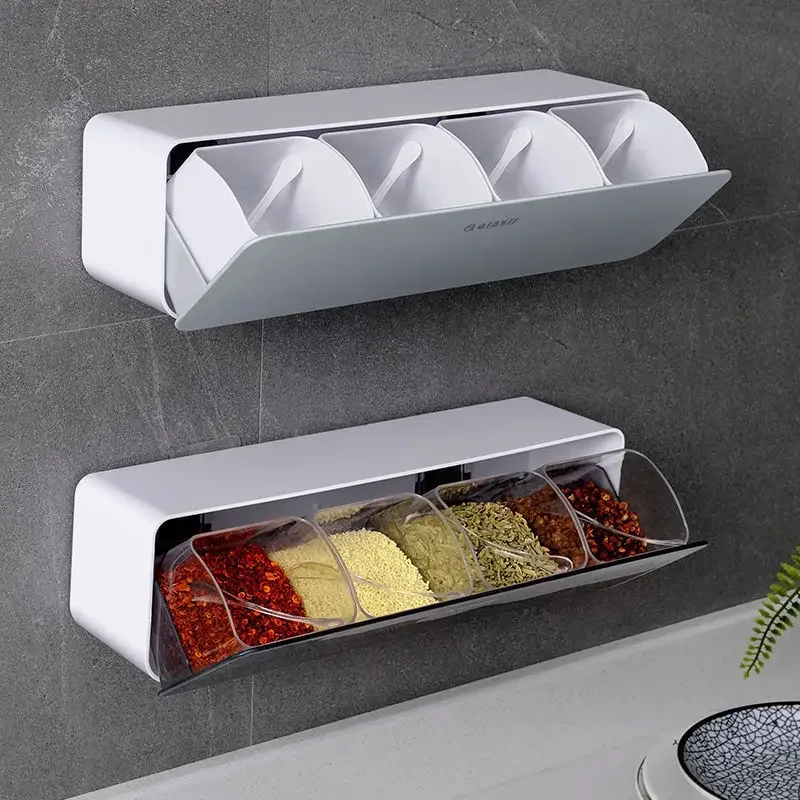 4-Grid Wall Mounted Seasoning Box, Household Kitchen Storage Container, Spice Salt Sugar Storage Container Combination Set 3