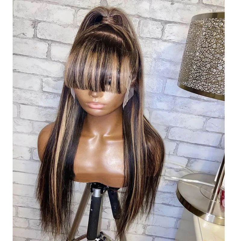 13X4 Lace Frontal Wig Fringe Blonde Highlight Straight Lace Front Human Hair Wigs with Bangs Natural Hairline PrePlucked Remy