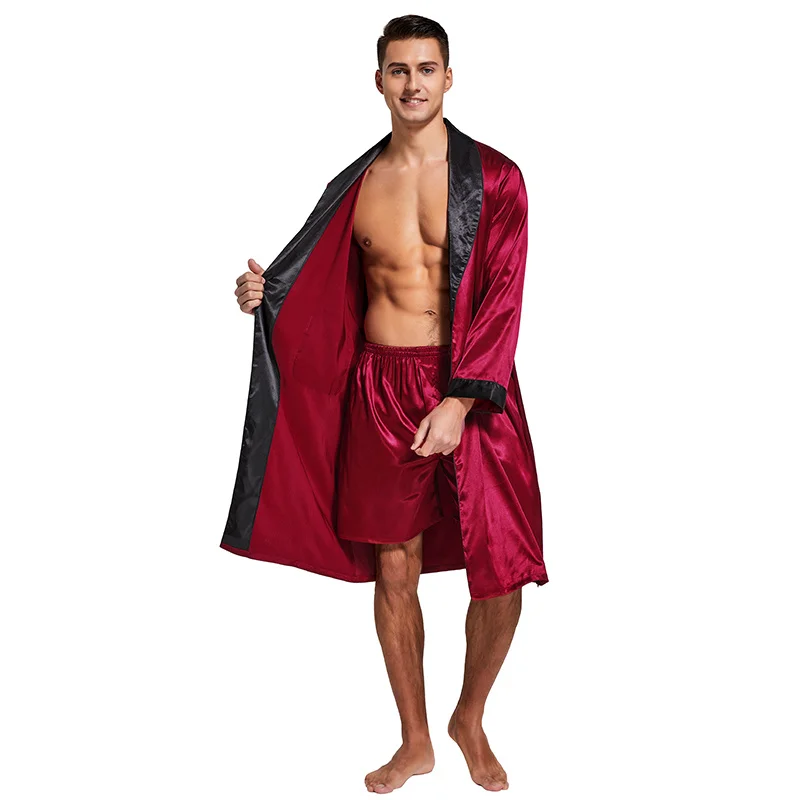 

Tony & Candice Men’s Satin Robe Lightweight Long Slve Silk Kimono Bathrobe with Shorts Set Slpwear