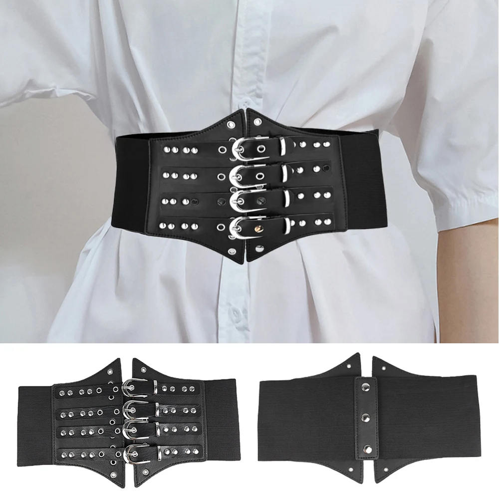 

Women Pu Leather Elastic Corset Belt Four Row Metal Buckle Rivet Waist Belt Wide Stretch Cummerbunds Waistbands Cinturilla