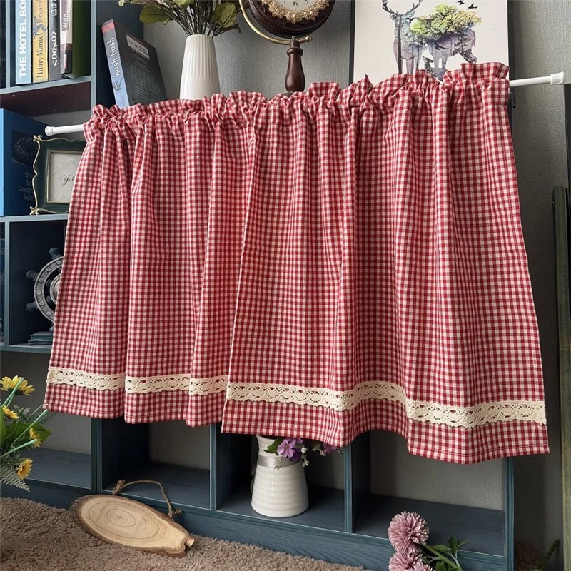 South Korea Red Plaid Short Curtains for Kitchen Japanese Lace Half Curtain Coffee Valance #A605 3