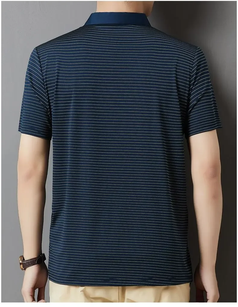 Dad's Top Summer Ice Silk Men's Thin Versatile Breathable Striped POLO Shirt Dad's Casual Short-sleeved Top 20 S94a0144496c44a8785d81274296e33e4R