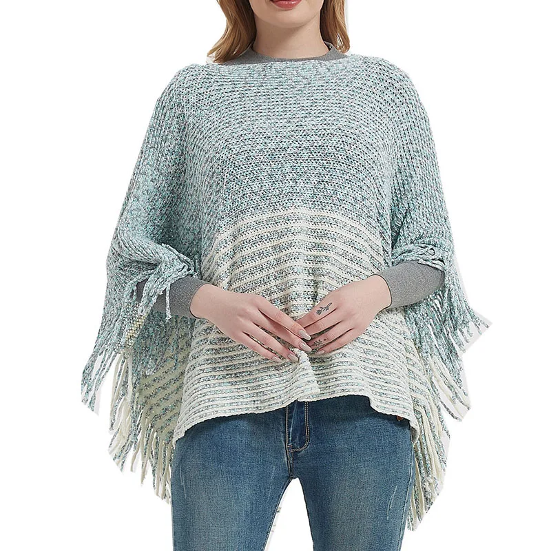 

Women's tassel shawl New spring autumn winter bat sleeve sweater pullover striped cloak sweater shawl