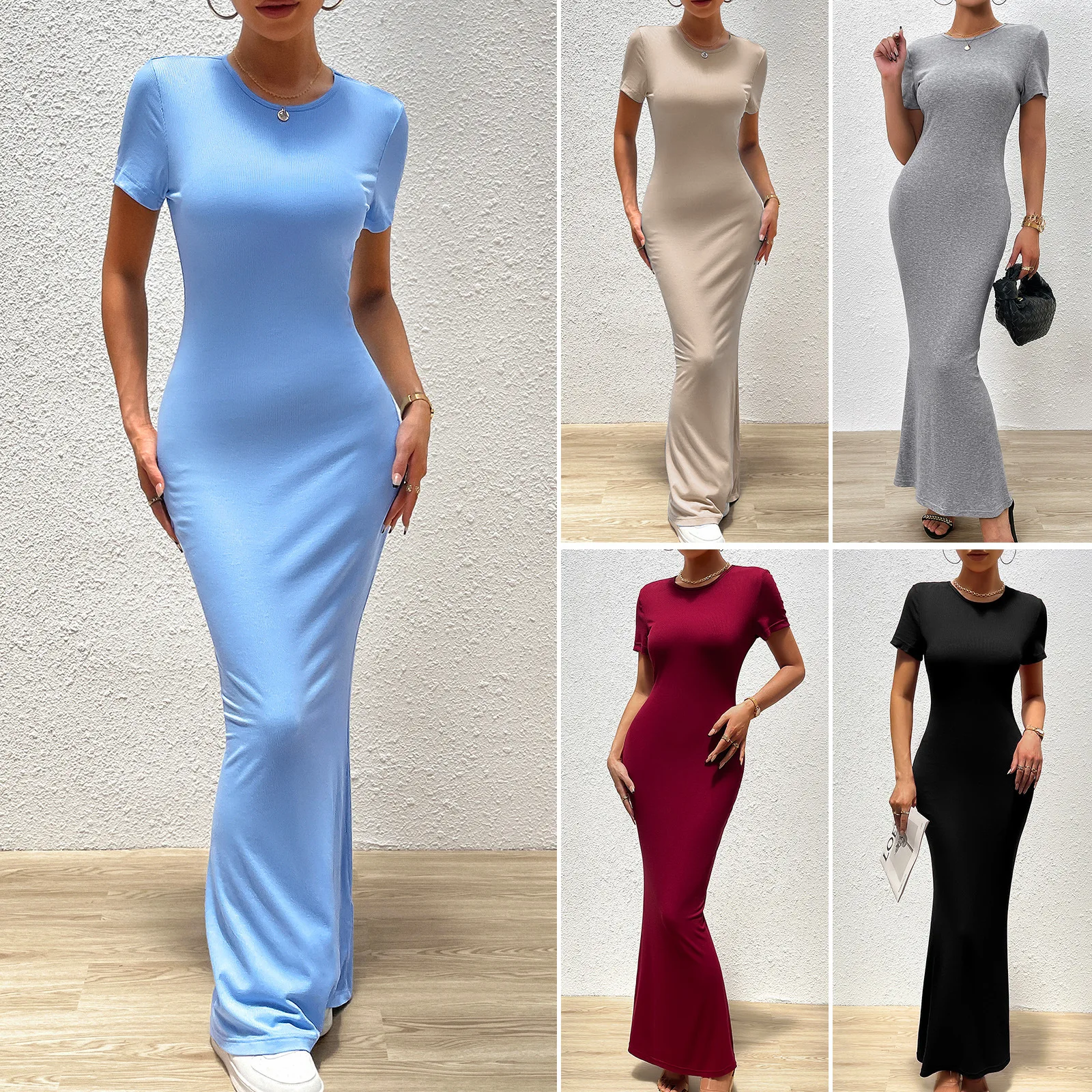 

Phantasy Sexy Bodycon Dress Elastic Slim One Step Dresses Elegant Solid Office Lady Wear Fashion Round Neck Short Sleeve Clothes