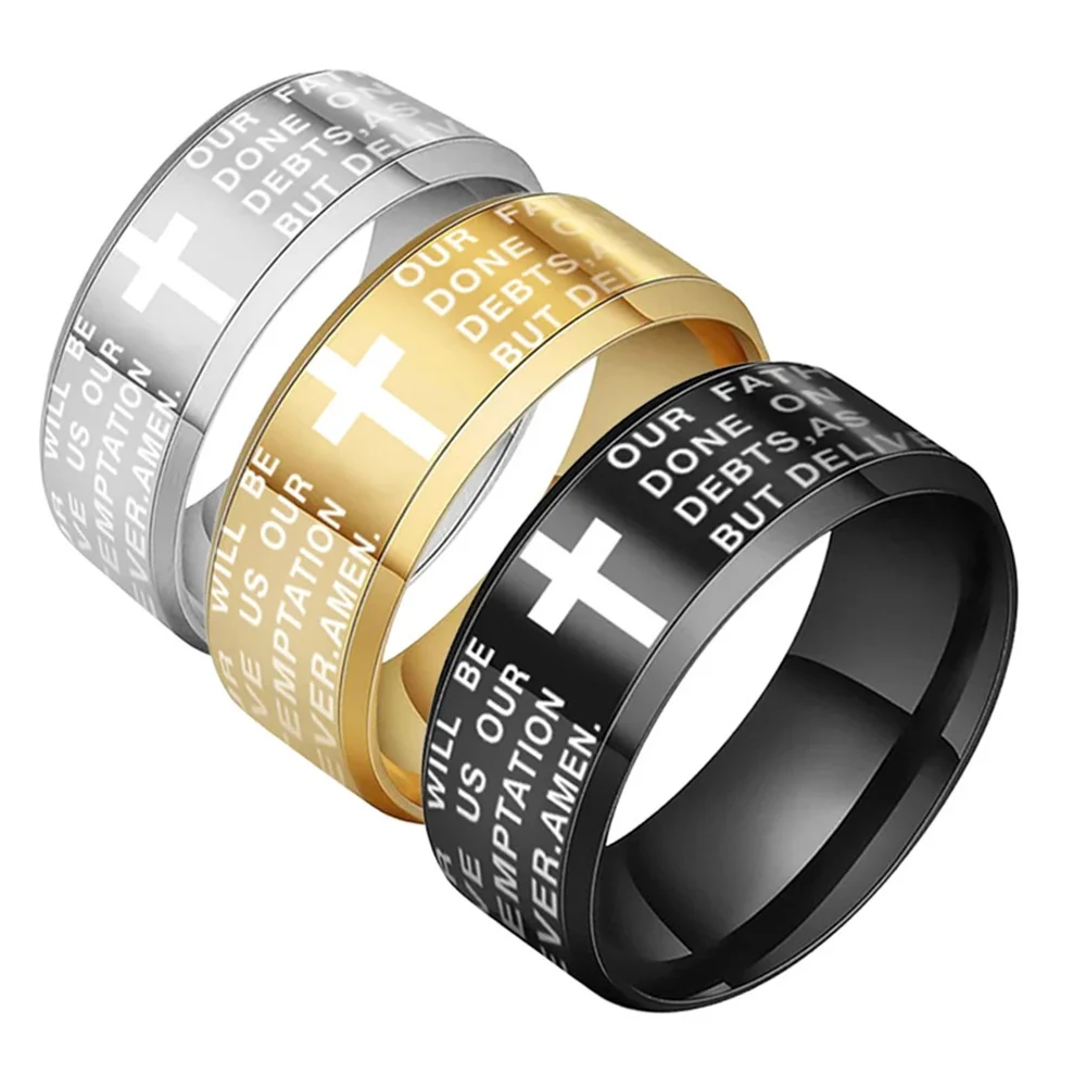 Finger Ring English Titanium Steel Christian Cross Bible Ring for Men and Women Personalized Ring Customize Engraved
