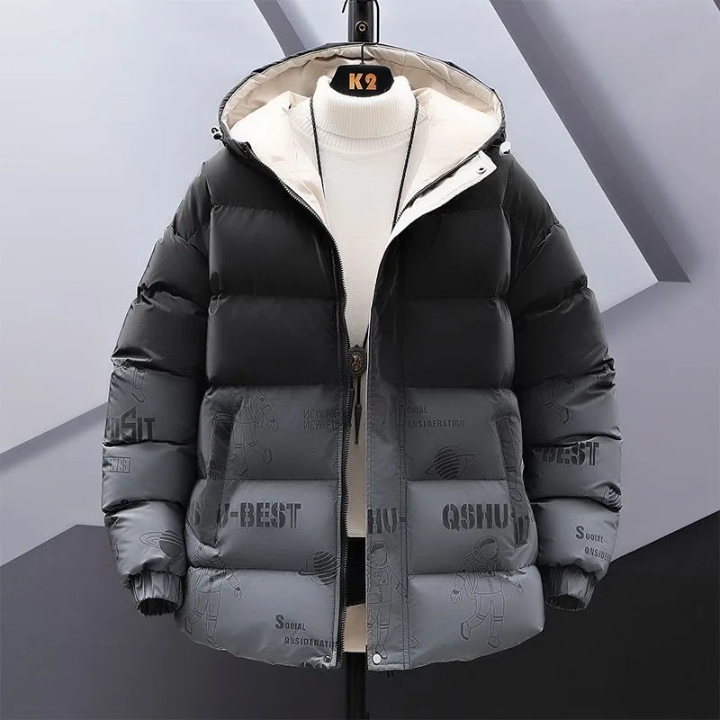 2023 New Men Down Cotton Coat Winter Jacket Short Large Size Loose Parkas Thicken Warm Printing Outwear Hooded Overcoat