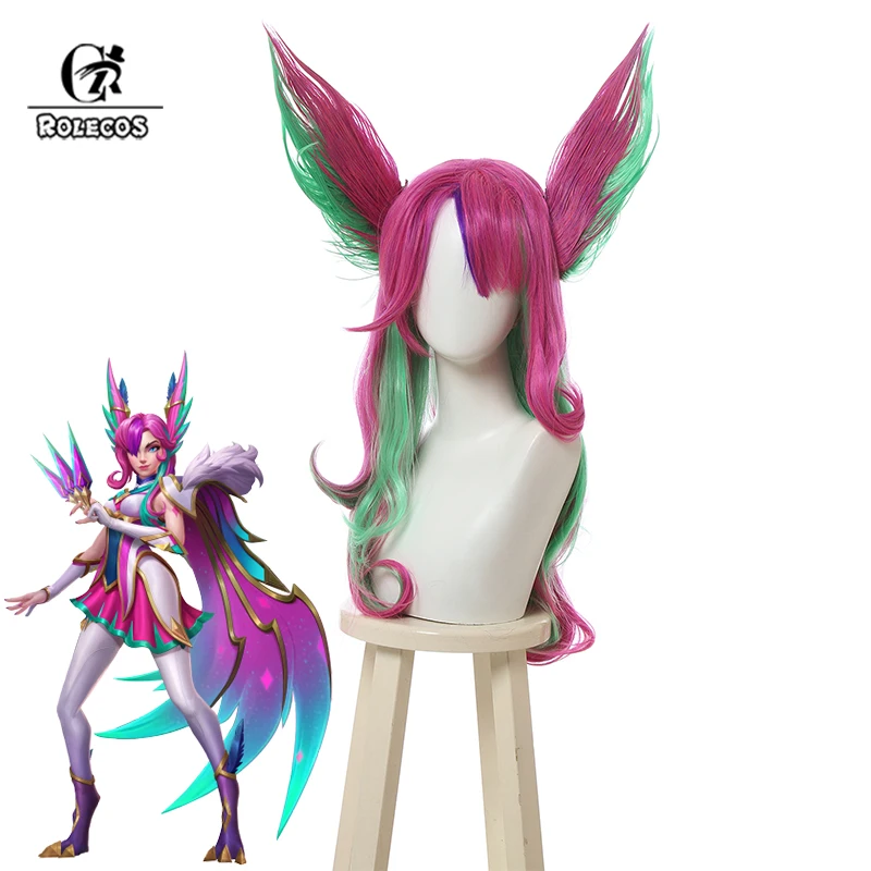 ROLECOS LOL Star Panoramic Xayah Cosplay Perruque pour Femme, 65cm, Document Mixte, Perruques avec Oreilles, Degré de Chaleur, Cheveux Synthétiques