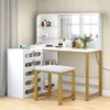 Makeup Vanity with Lighted Mirror, Modern Vanity Table Set with Stool, L Shaped Dressing Table with 5 Drawer, Makeup Vanities 1