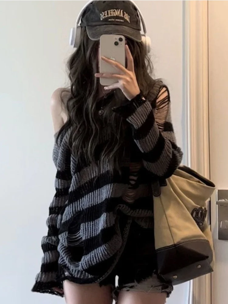 

Deeptown Gothic Streetwear Striped Knitted Sweater Women Harajuku Punk Hollow Out Jumper Hole Loose All-match Tops Grunge E-girl
