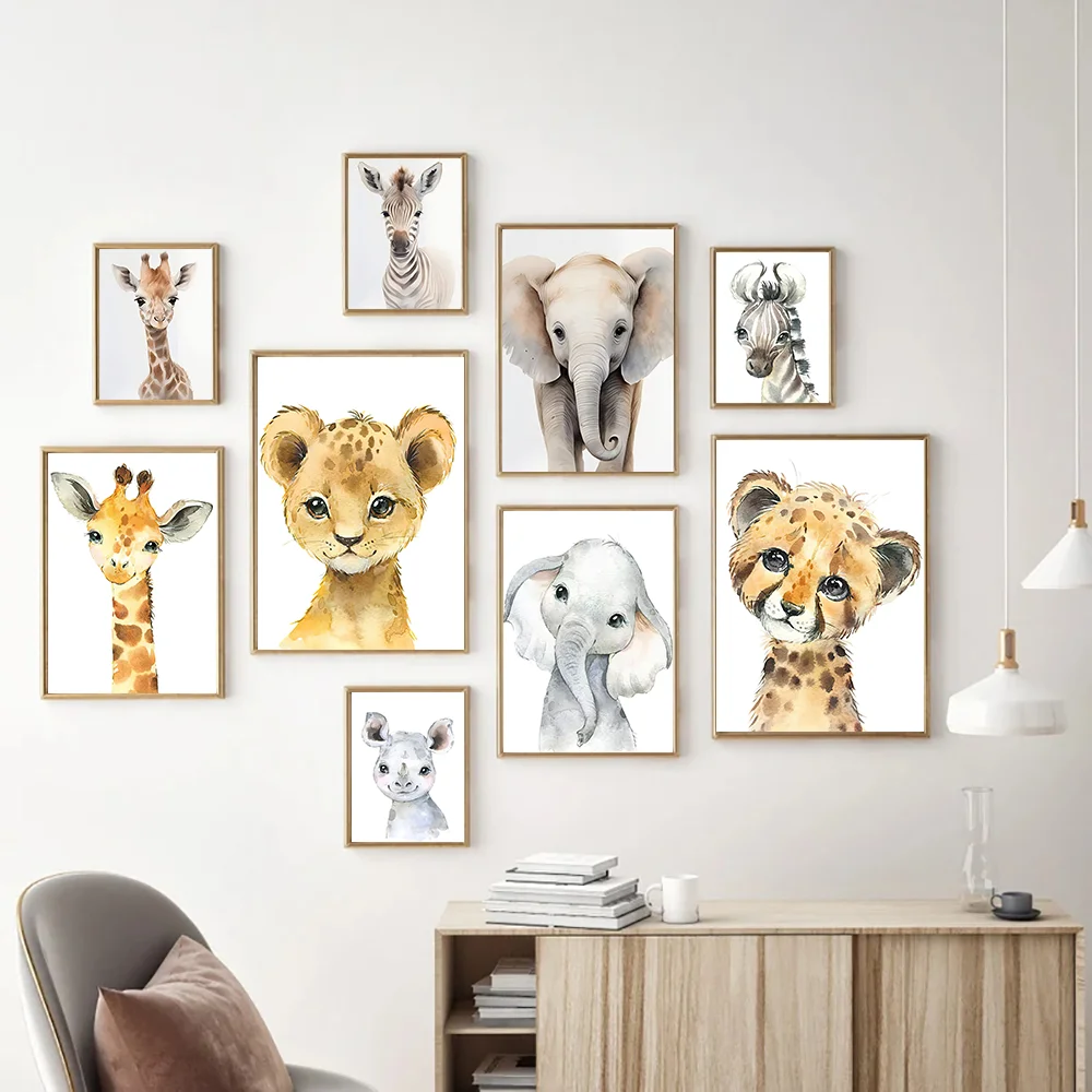 Watercolor Wall Art Wall Art Print Cute Watercolor Wild Animal Mural Poster Home Decor Kids Room Decor Playful Baby Animal Portrait Decorative Painting