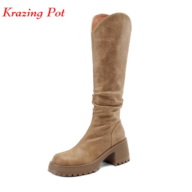 

Krazing Pot Cow Leather Round Toe Thick High Heels Equestrian Boots Winter Pleated Decoration Business Casual Thigh High Boots