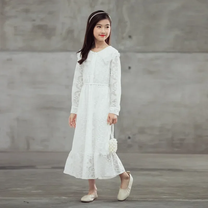

Teen Girls Elegant Party Maxi Dress 10 12 years Long Sleeve White Lace Tail Dresses Ceremony Mom Girl Clothes