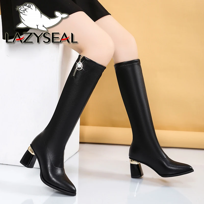 

Сапоги LazySeal женские на высоком каблуке 7 см, теплые зимние короткие плюшевые сапоги, с кристаллами, на молнии, элегантная Современная Дамская обувь, 2022