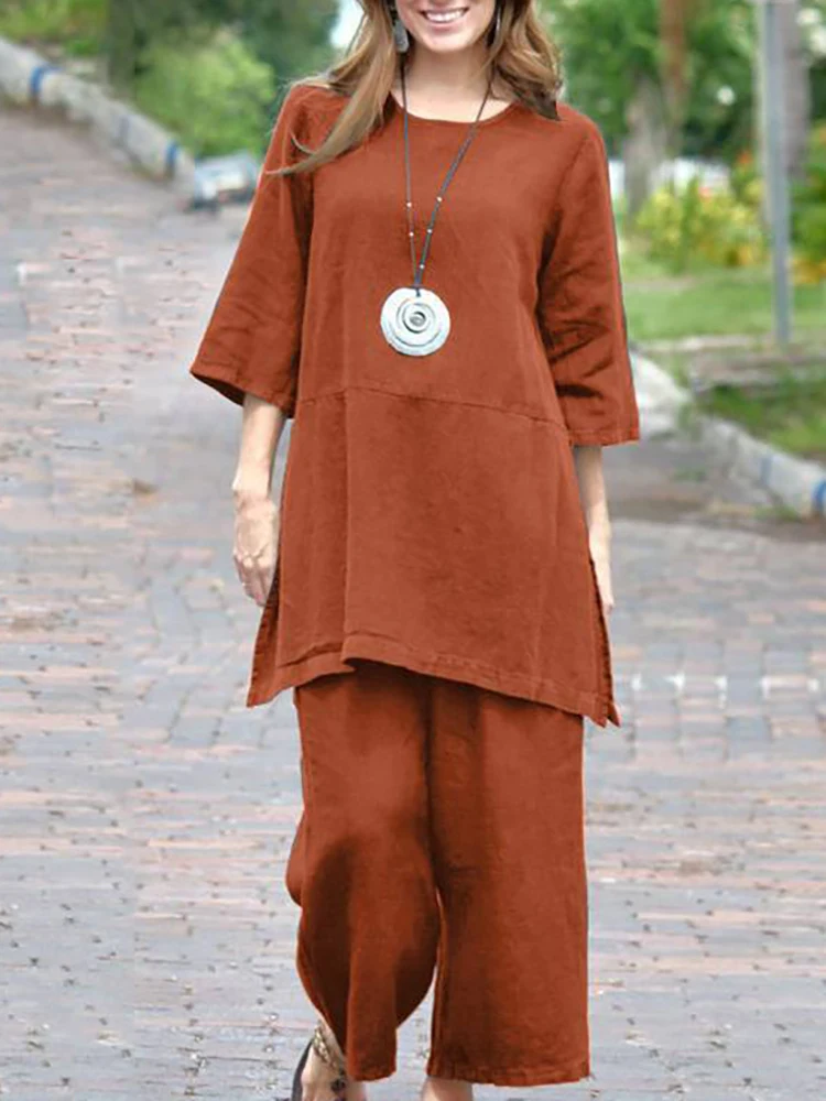 

Костюм женский длинный из пуловера и брюк, однотонная уличная одежда, свободные брюки, комплект из двух предметов, брюки до щиколотки с эластичным поясом, на лето