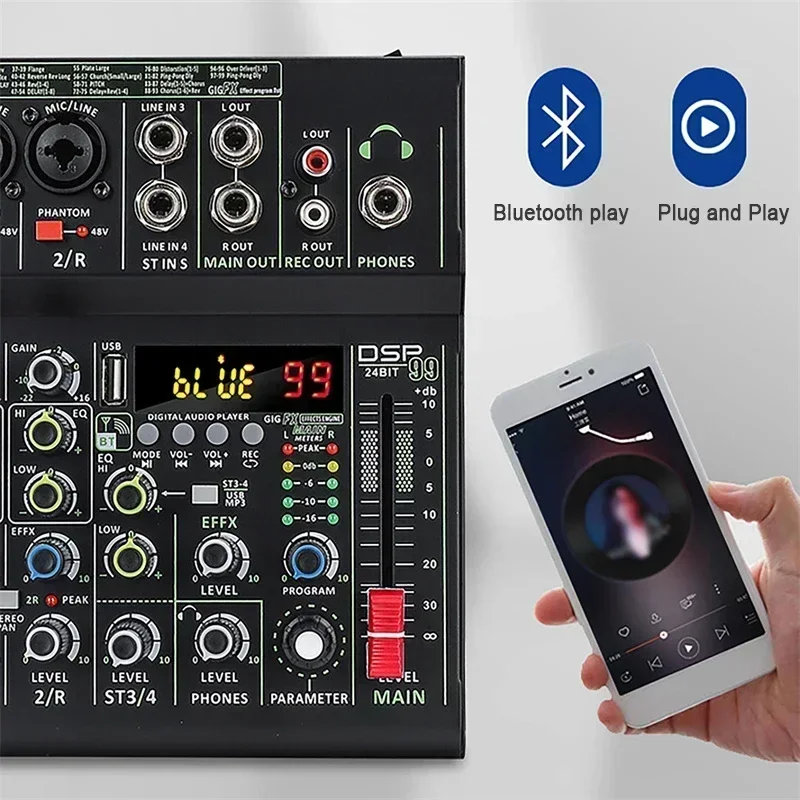 Mini 4 Channel Audio Mixer Individual +48V Phantom Power 99 DSP Effects Bluetooth USB Computer Play Record Mixing Console 4