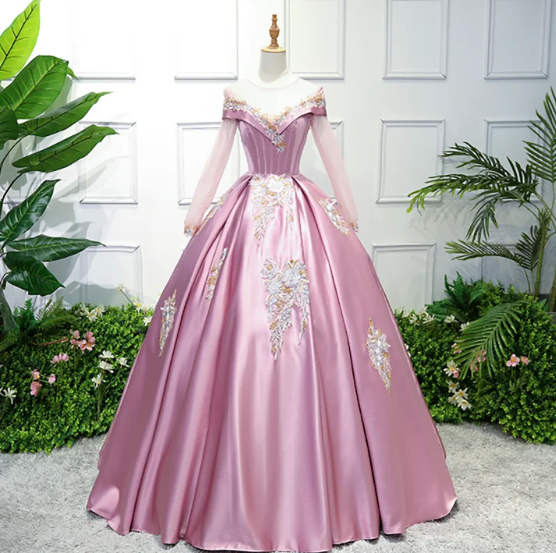 

Customizable High Quality Evening Dress Women Mesh Long Sleeve Pink Party Prom Ball Gown Graduation Costume Dress Plus Size 3XL