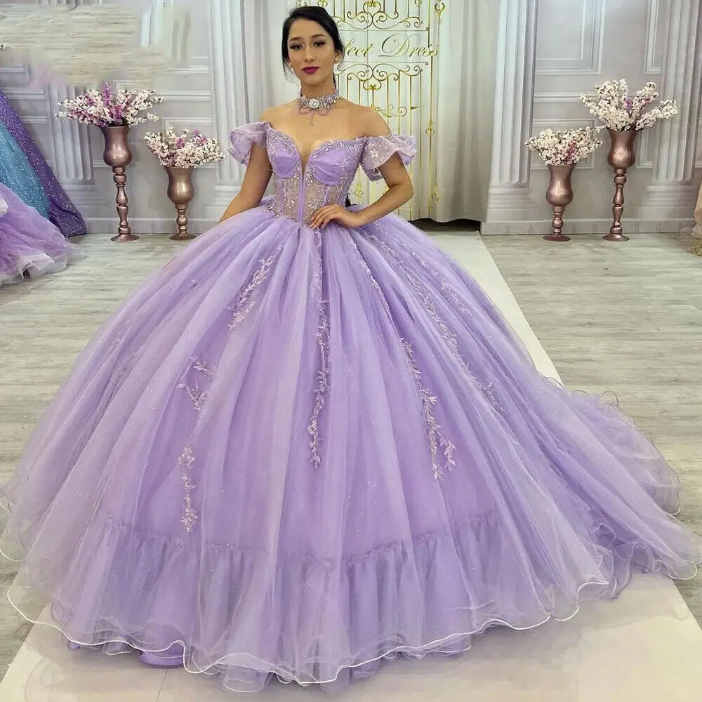 

ANGELSBRIDEP Lilac Quinceanera Dresses Puffy Tulle Ball Gowns Lace Appliques Beading Sweet 15 16 Birthday Party Prom Gowns