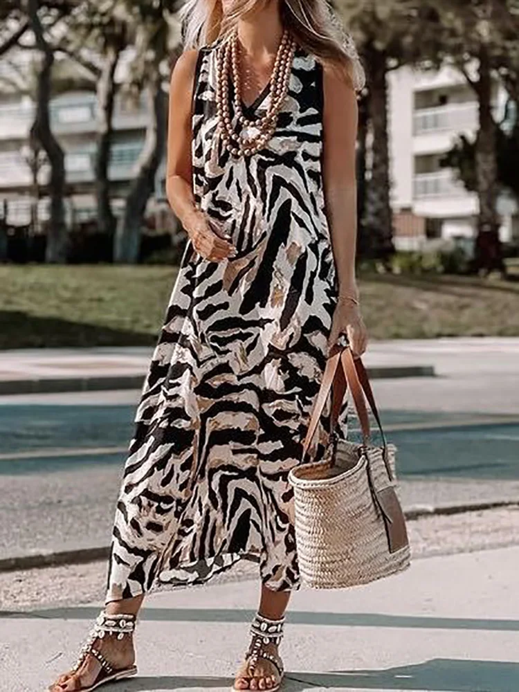 

Sleeveless Loungewear Elegant Party Dress, Women Summer Holiday V-Neck Loose Maxi Dress, Printing Patchwork Simple Ladies Dress