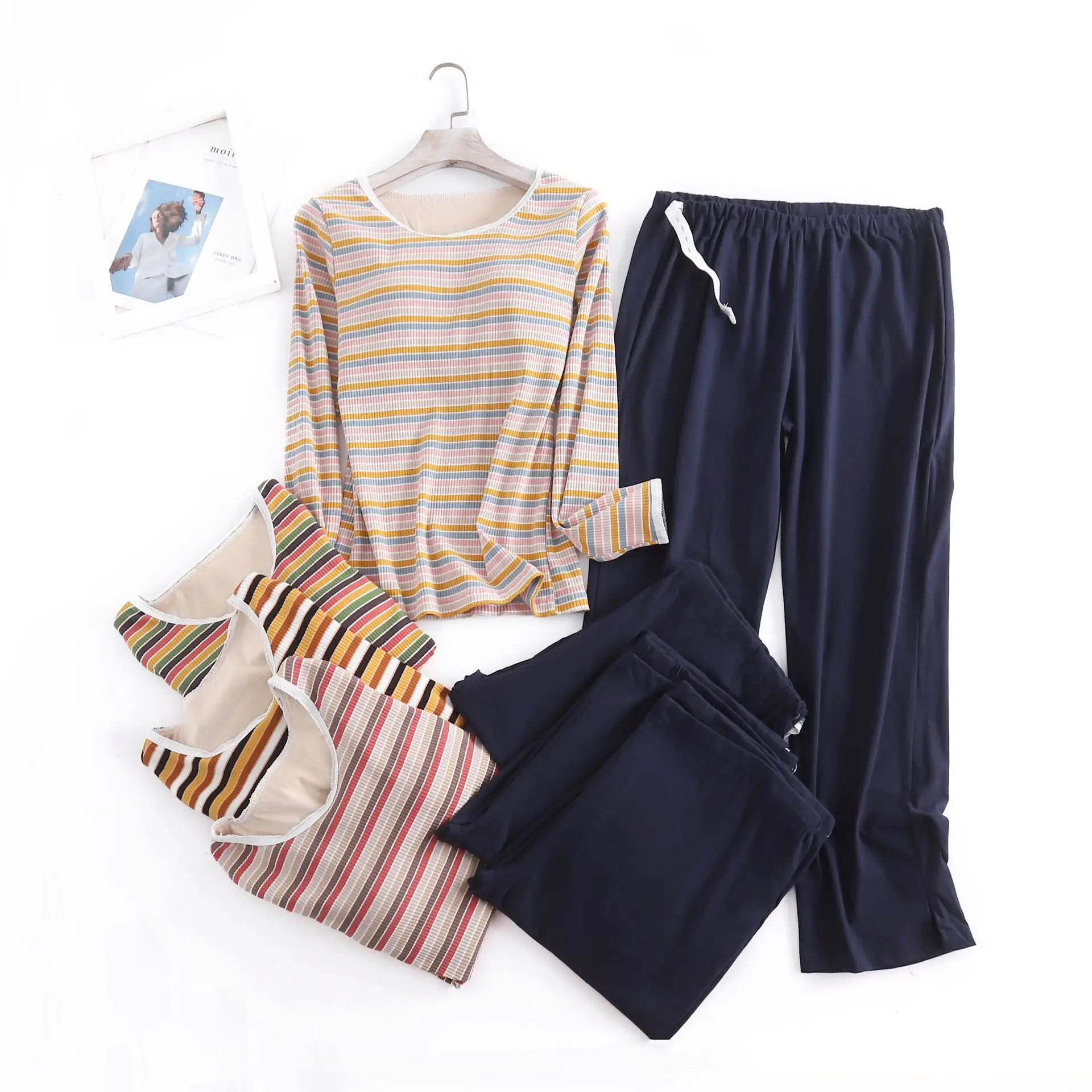 Mode Gestreiften Langarm Hosen Set Baumwolle Brust Pad Hause Tragen Anzug Frühling Herbst Nachtwäsche Frauen Pyjamas Nachtwäsche – Detail 1